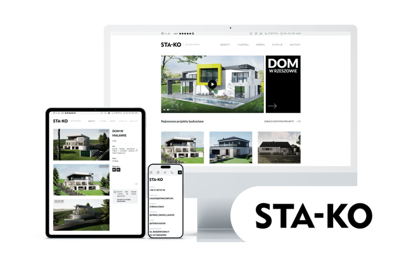 Strona STAKO Architekt z Rzeszowa, prezentująca projekty w responsywnym układzie na różnych urządzeniach.